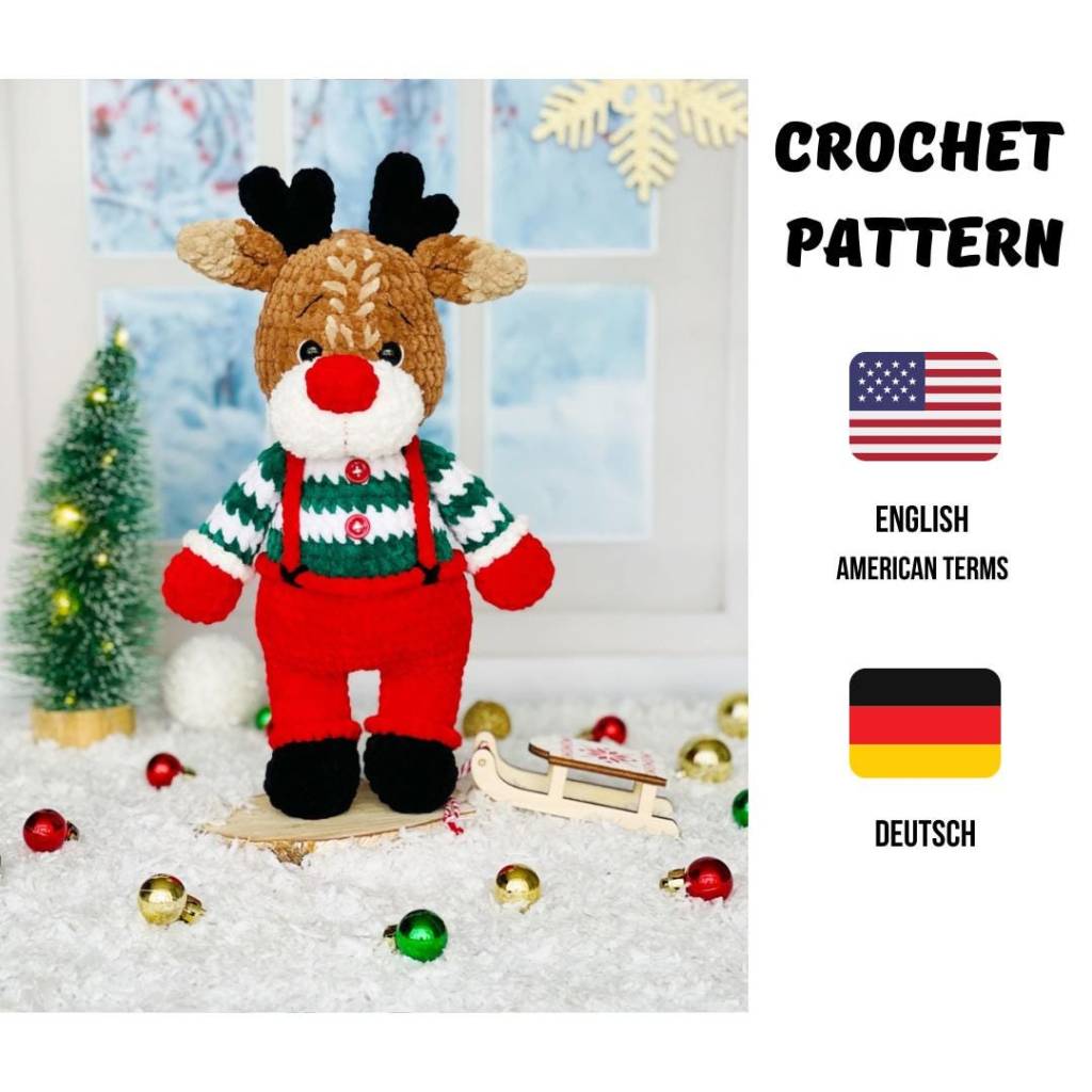 Rentier häkeln PDF | Süßes Amigurumi Rentier mit Latzhose | 34 cm Kuscheltier | Häkelanleitung für Plüschgarn Bild 1