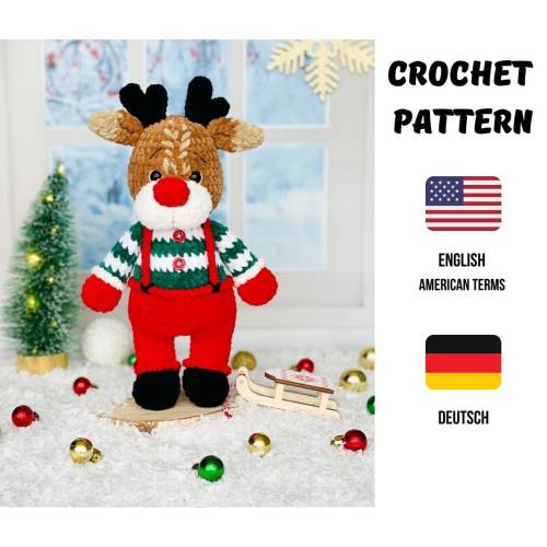 Rentier häkeln PDF | Süßes Amigurumi Rentier mit Latzhose | 34 cm Kuscheltier | Häkelanleitung für Plüschgarn 