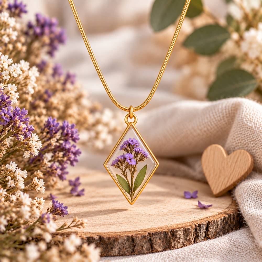 Schmuck Kette Damen mit Anhänger echten Blüten handgemacht goldfarben 45 cm Unikat