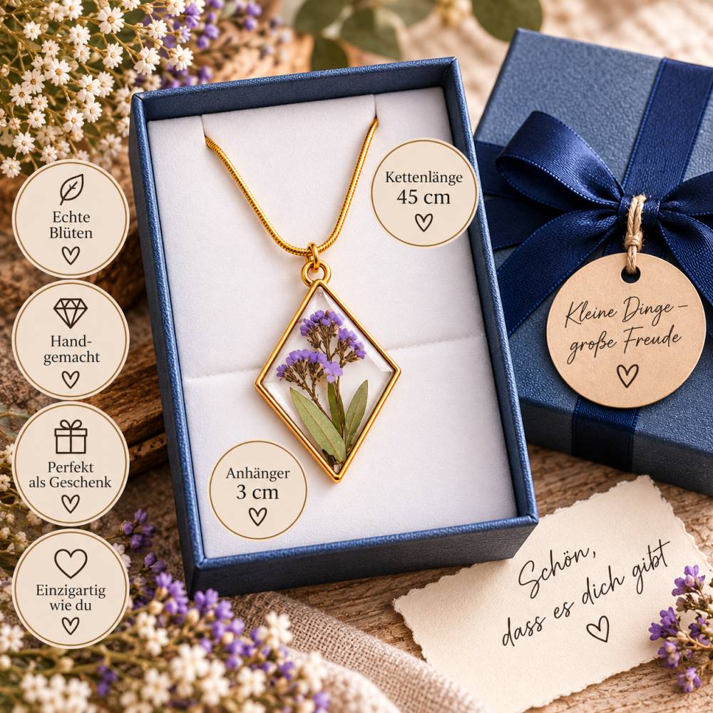 Schmuck Kette Damen mit Anhänger echten Blüten handgemacht goldfarben 45 cm Unikat