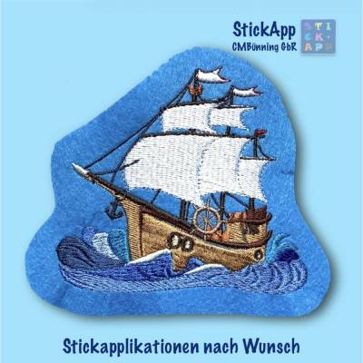 Segelschiff, Piratenschiff– maritimer Aufnäher in 3 Größen, Wunschfarben, Aufnäher zum Aufbügeln