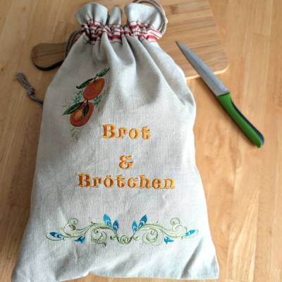 Brotbeutel Orange aus antikem Rolltuch gefüttert mit Leinen