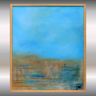 Abstraktes Acrylgemälde Blau Braun – stark strukturiertes Original im Eichenrahmen 63,5 x 73,5 cm