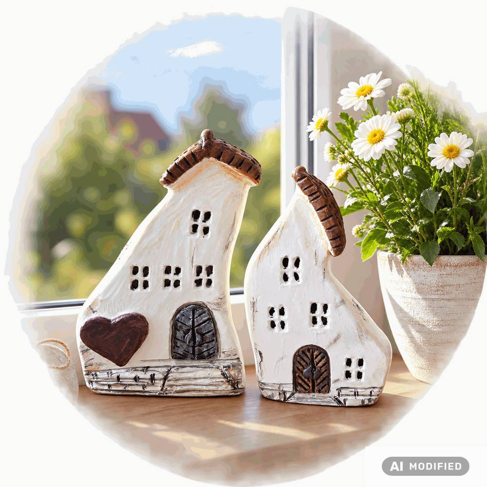 Altstadthäuser 2er-Set aus Reliefgießmasse – Handgefertigte Deko für Regal, Sideboard & Fensterbrett