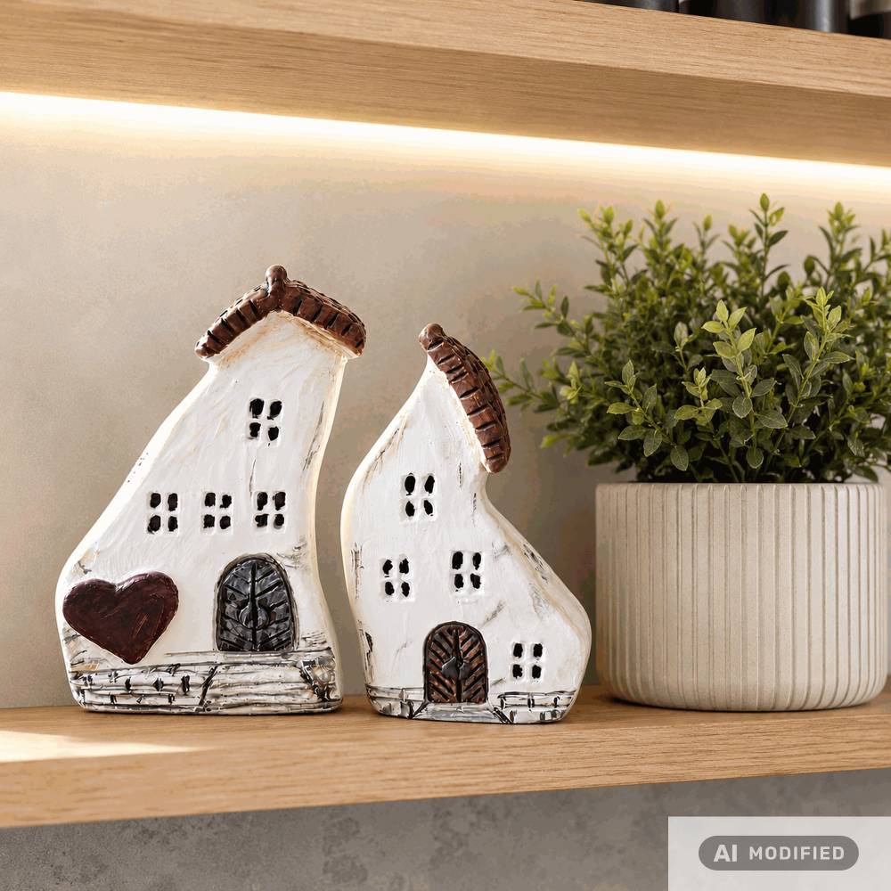 Altstadthäuser 2er-Set aus Reliefgießmasse – Handgefertigte Deko für Regal, Sideboard & Fensterbrett