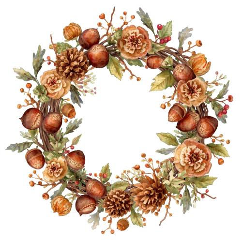 Waldkranz PNG Set (15), Herbstkränze im Boho-Herbststil mit Kastanien, Beeren, Eicheln, Tannenzapfen und Herbstlaub