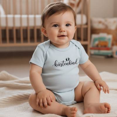 hellblauer Baby Body, 0 - 3 Monate, Geschenk zur Geburt, Erstlingsbody, mit Aufdruck "Küstenkind"