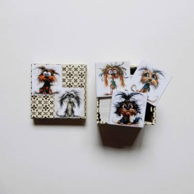 Handgemachtes Memoryspiel mit Clipart Bildern von drolligen Hunde – 40 Karten für Erwachsene & Geschenkbox