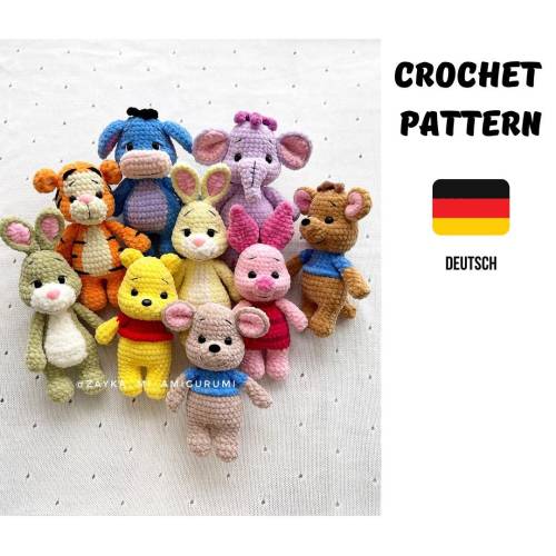 Amigurumi Häkelanleitung 7 in 1 Spar Set Esel, Elefant, Ferkel, Tiger, Kaninchen, Winni puh , Kanguru/Muster mini Spielz