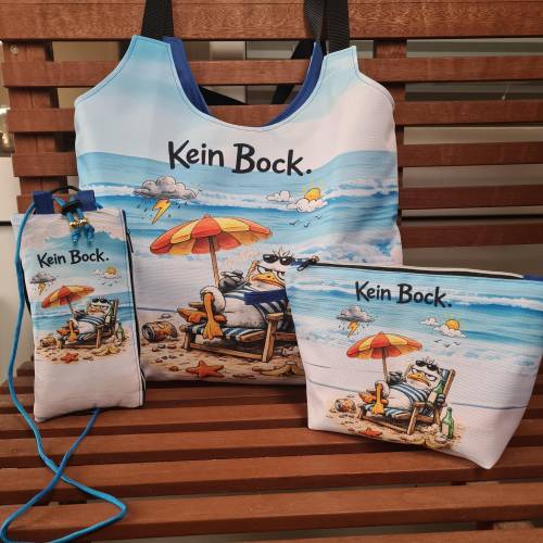Taschen Set „Kein Bock.“ | XXL Shopper, Kosmetiktasche & Handytasche | Lustige Strandtasche Damen | Handmade in Deutschl