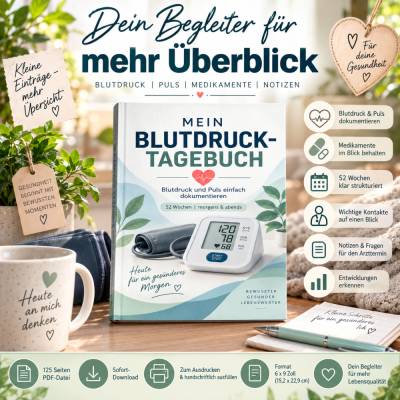 Blutdruck Tagebuch PDF zum Ausdrucken | 52 Wochen | Blutdruckpass SYS DIA Puls | Messprotokoll | Digitaler Download