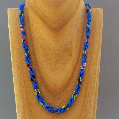 Halskette, Häkelkette bleistiftblau mit bunt, 46 cm, Perlenkette aus Rocailles gehäkelt, Glasperlenkette, Häkelschmuck