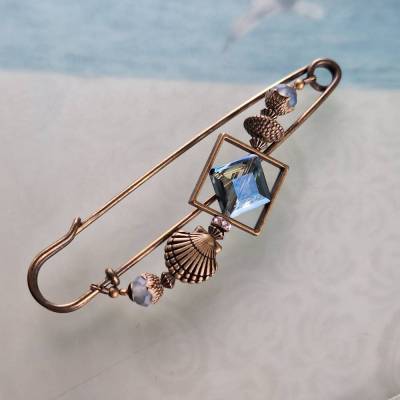 Große Schalnadel blaues Meer handgefertigt geometrisch 10cm Bronze Muschel Kiltnadel mit Perlen N10-AB-46