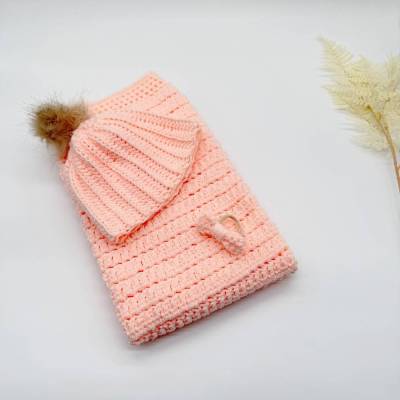 Baby Geschenkset Pfirsich, Babyset Mädchen mit Decke Mütze & Haarschleife, Geschenk zur Geburt, Baby Geschenk Set Girl