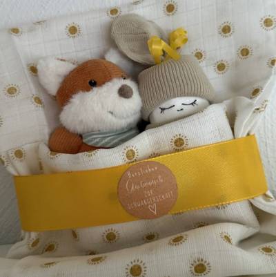 Schwangerschaftsgeschenk mit Fuchs, Glückwunsch zur Schwangerschaft, kleine Windeltorte
