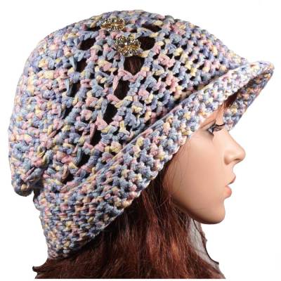 Damenhut Pastell gehäkelt Gr. L 58-59 cm mit Strass Blütenknöpfen Handarbeit