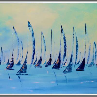 Maritimes Acrylgemälde Segelboote – Original Regatta in Blau Silber, gerahmt 63 x 83 cm