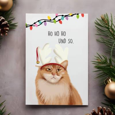 Weihnachtskarte A6 "Ho ho ho und so" Katze mit Geweih und Umschlag - Katzenmuddi