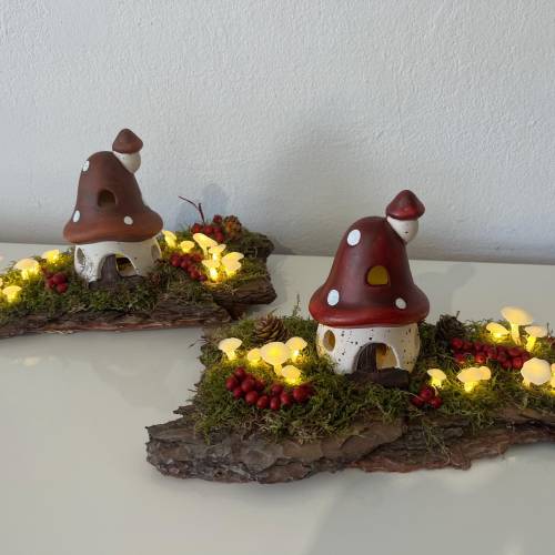 Herbstgesteck Herbstdeko Pilzhaus Ledpilze
