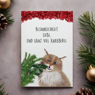 Weihnachtskarte A6 "Knabberei" Katze mit Tannenzweig und Umschlag - Katzenmuddi