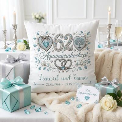 Geschenk Aquamarinhochzeit personalisiert Kissen 62 Hochzeitstag Namen Datum