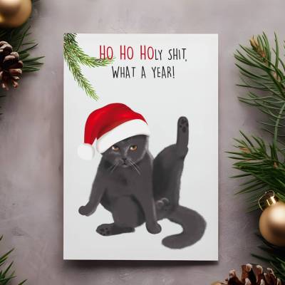 Weihnachtskarte A6 "Holy Sh*t, what a year" Katze mit Umschlag - Katzenmuddi
