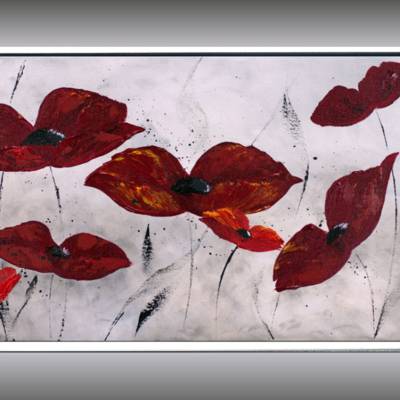 Mohnblumen Acrylgemälde Rot Gold – florales Original im weißen Rahmen 73 x 43 cm