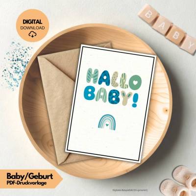 Karte zur Geburt | Hallo Baby Glückwunschkarte blau | Baby Geschenk Junge Mädchen geschlechtsneutral | Geburtskarte PDF