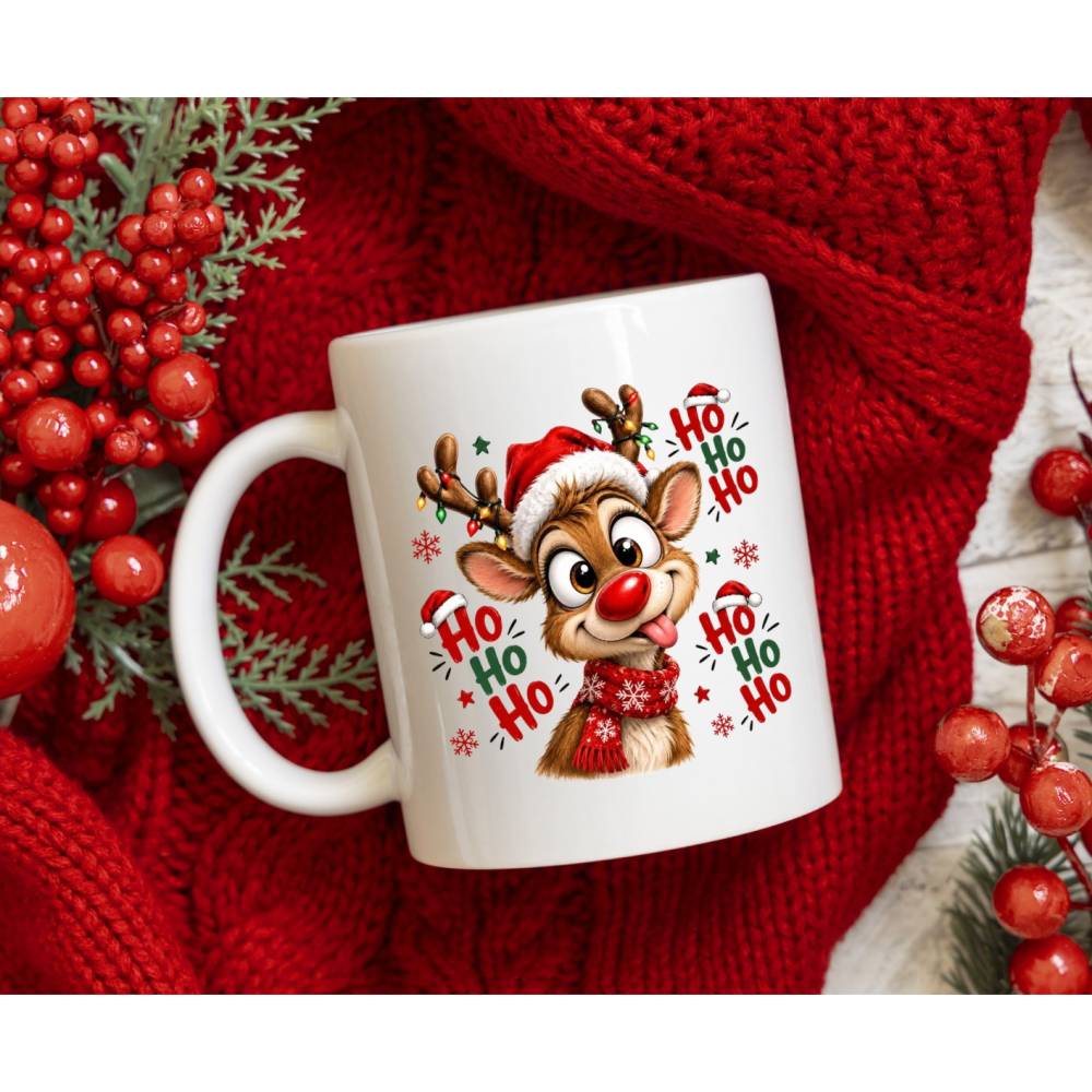 Lustige Weihnachtstasse mit Rentier - Ho Ho Ho Tasse - Weihnachtsgeschenk - Kaffeetasse Weihnachten