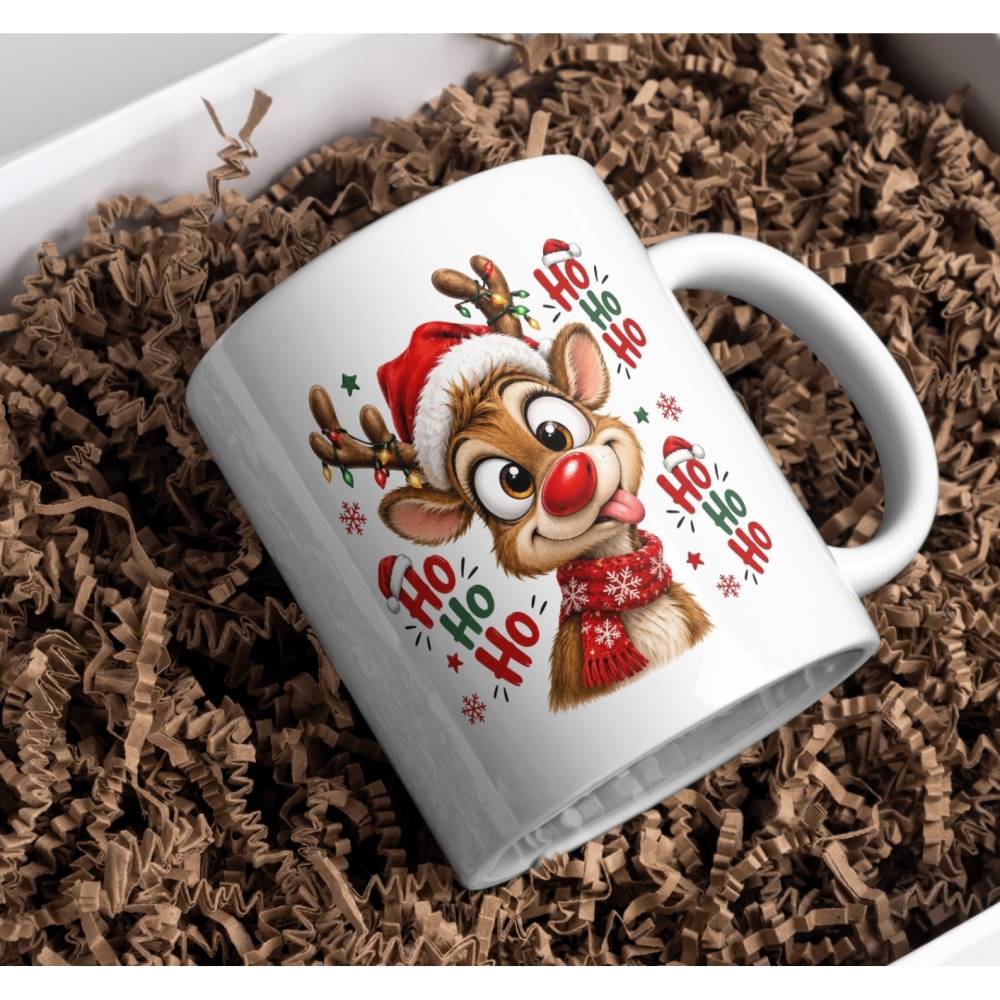 Lustige Weihnachtstasse mit Rentier - Ho Ho Ho Tasse - Weihnachtsgeschenk - Kaffeetasse Weihnachten