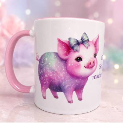 Tröstbecher Glücksschwein – Lustige Tasse mit Spruch für Rechts- und Linkshänder, rosa Henkel, Geschenkidee