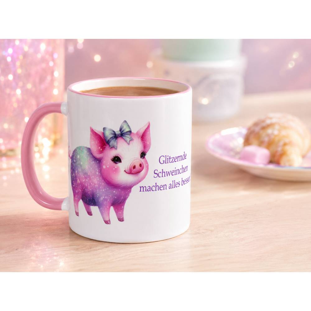 Tröstbecher Glücksschwein – Lustige Tasse mit Spruch für Rechts- und Linkshänder, rosa Henkel, Geschenkidee