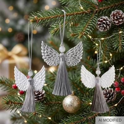 Handgemachter Quastenengel Silber mit Glitzerkrone , Flügelwahl – Schutzengel Unikat Geschenk Deko