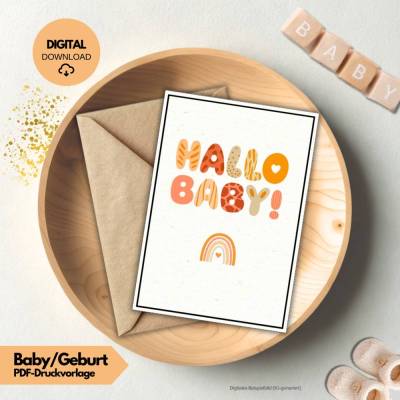 Karte zur Geburt | Hallo Baby Glückwunschkarte blau | Baby Geschenk Junge Mädchen geschlechtsneutral | Geburtskarte PDF