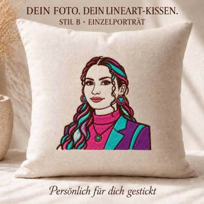 Personalisiertes Lineart-Kissen nach Foto 40x40 cm – gesticktes Premium Portrait oder 80er Jahre Retro Stil