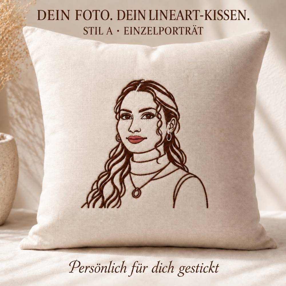 Personalisiertes Lineart-Kissen nach Foto 40x40 cm – gesticktes Premium Portrait oder 80er Jahre Retro Stil Bild 2