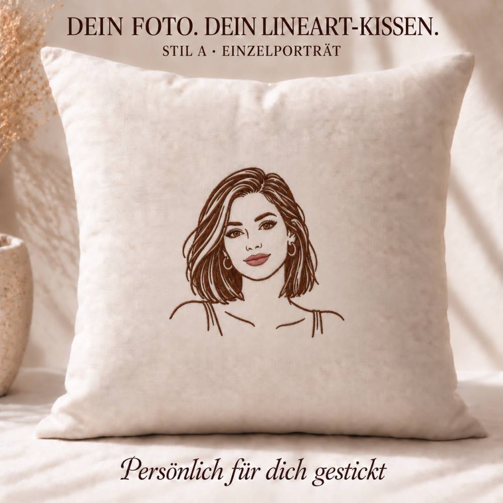 Personalisiertes Lineart-Kissen nach Foto 40x40 cm – gesticktes Premium Portrait oder 80er Jahre Retro Stil Bild 3