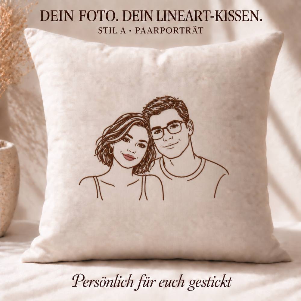 Personalisiertes Lineart-Kissen nach Foto 40x40 cm – gesticktes Premium Portrait oder 80er Jahre Retro Stil Bild 4