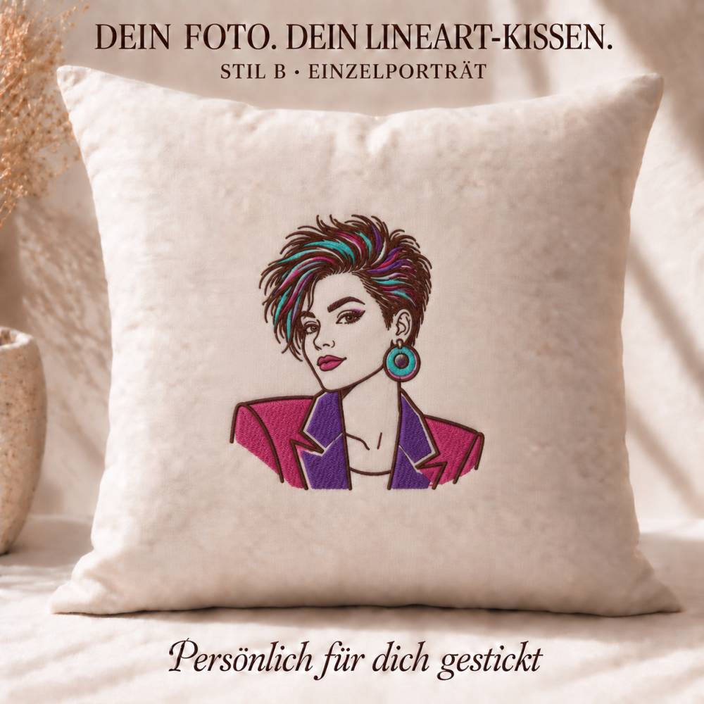 Personalisiertes Lineart-Kissen nach Foto 40x40 cm – gesticktes Premium Portrait oder 80er Jahre Retro Stil Bild 6