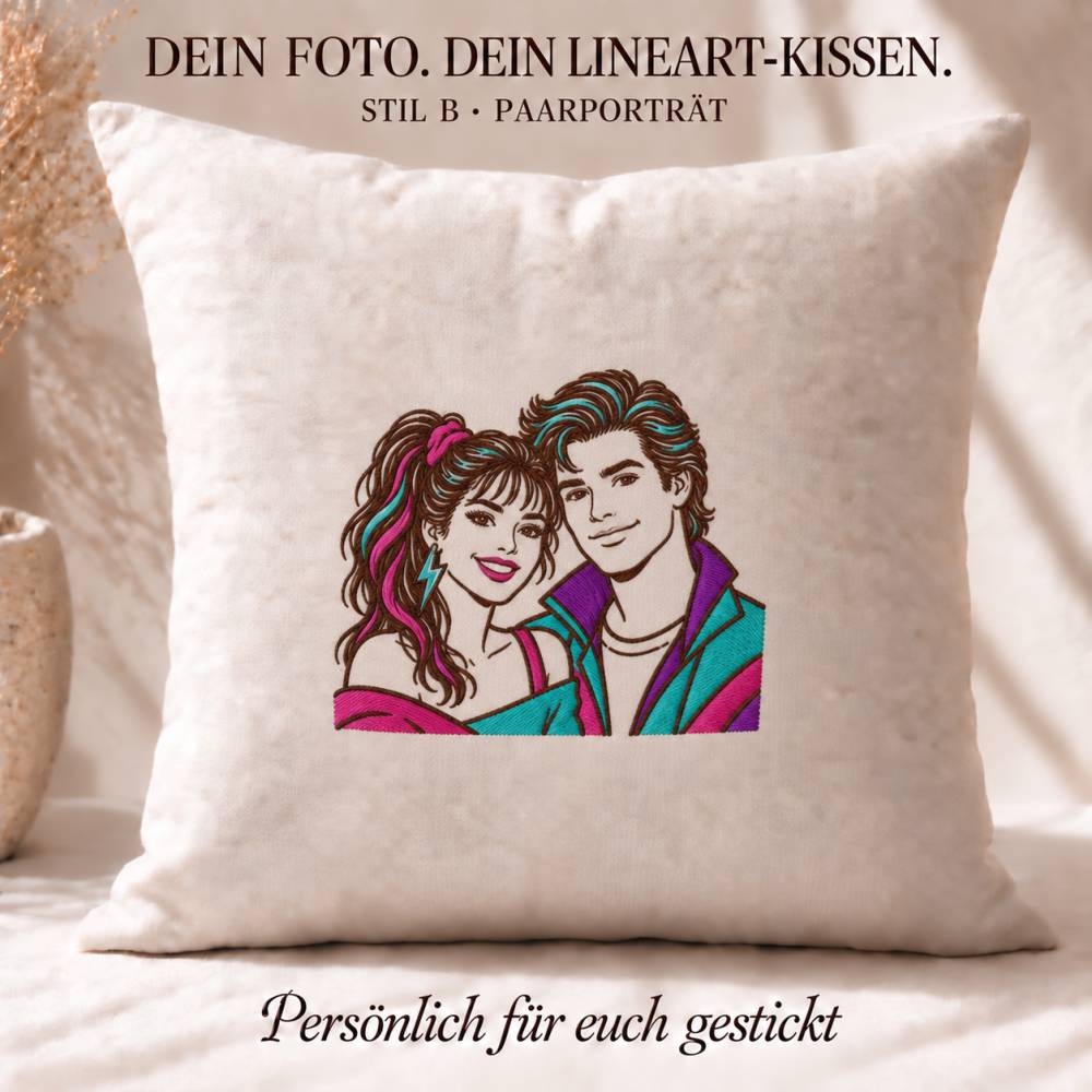 Personalisiertes Lineart-Kissen nach Foto 40x40 cm – gesticktes Premium Portrait oder 80er Jahre Retro Stil Bild 8