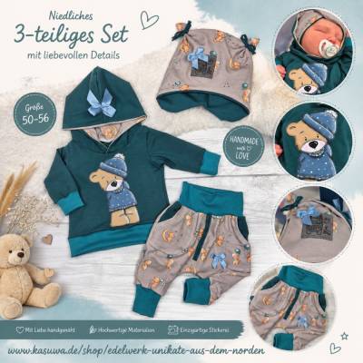 3-teiliges Babyset Teddy Größe 50/56 – Handmade Babyoutfit mit Pullover, Hose & Mütze | Geschenk zur Geburt