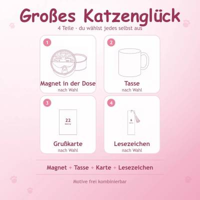 Geschenkset "Großes Katzenglück" - Tasse, Magnet, Grußkarte und Lesezeichen von Katzenmuddi