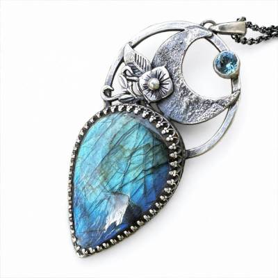 Mond Silber Anhänger, Labradorit, Swiss Blue Topas, Mond, Blumen, Halskette, Geschenk für Sie, Blätter, blaue Edelstein