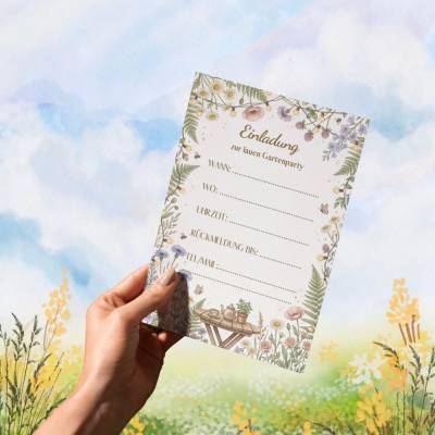 Digitale Einladung Gartenparty A6 PDF  Sommerfest & Geburtstag  Botanische Lückentext Karte zum Ausdrucken