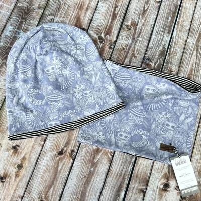 Set Mütze und Halstuch Gr.53/54 Eule hellblau mit Streifen in schwarz weiß