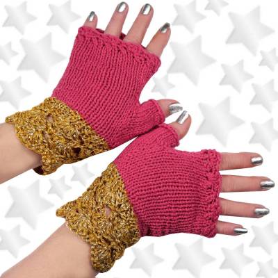 Fingerlose Prinzessin Handschuhe handgestrickt & gehäkelt – Unikat in Rosa-Gold