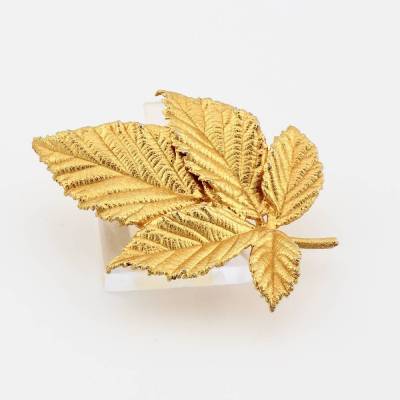Große Vintage Brosche Ahornblatt Form Goldfarbe Glanzlos - Anstecknadel Pflanzen Motiv vergoldet