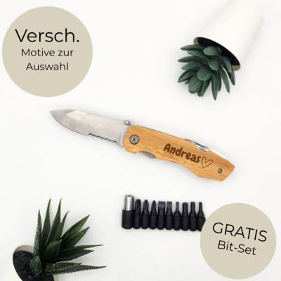 Taschenmesser mit Gravur personalisiert – Multitool Bambus 5 in 1 mit Bit-Set, Geschenk für Papa, Opa & Männer