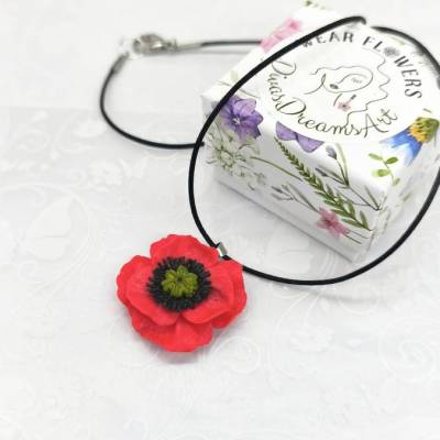 Rote Mohnblumen Halskette mit Anhänger an Kette oder Kordel aus Polymer Clay Sommerschmuck