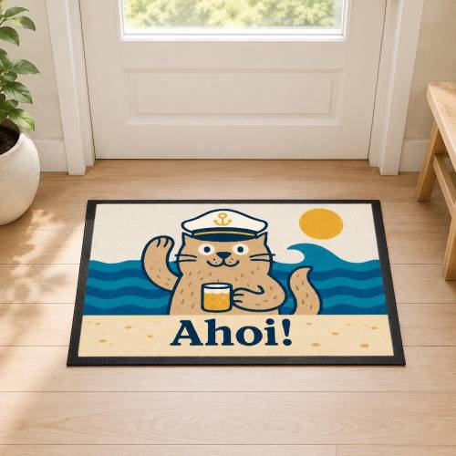 Fußmatte Ahoi Katze 40x60 cm – maritime Türmatte mit Katze und Bier, Geschenk für Katzenfans und Küstenfreunde